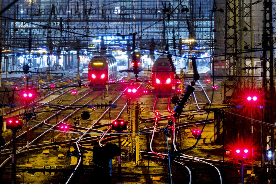 Trains are parked outside the central train station in Frankfurt, Germany, Wednesday, Jan. 10, 2024, as the German Train Drivers' Union (GDL) started a strike on Wednesday to Friday in a dispute with the main national railway operator over working hours and pay. (AP Photo/Michael Probst)