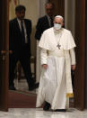 Pope Francis arrives to attend his weekly general audience in the Paul VI hall at the Vatican, Wednesday, Aug. 4, 2021. It was Francis' first general audience since undergoing planned surgery to remove half his colon for a severe narrowing of his large intestine on July 4, his first major surgery since he became pope in 2013. (AP Photo/Riccardo De Luca)