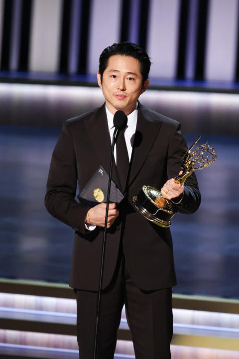 LOS ANGELES, CALIFORNIA - JANUARY 15: Steven Yeun accepts the Outstanding Lead Actor in a Limited or Anthology Series or Movie award for “Beef” onstage during the 75th Primetime Emmy Awards at Peacock Theater on January 15, 2024 in Los Angeles, California. (Photo by Monica Schipper/WireImage)