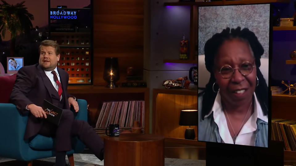 James Corden interview Whoopi Goldberg on 'The Late Late Show'. (Credit: CBS)