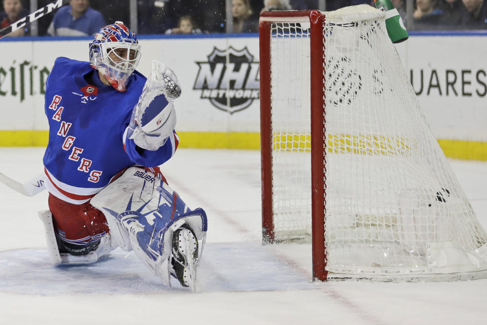 New York Rangers goaltender Henrik Lundqvist watches as the puck gets past him during the first period of the NHL hockey game against the Philadelphia Flyers, Sunday, March 1, 2020, in New York. (AP Photo/Seth Wenig)