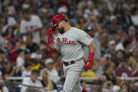 Philadelphia Phillies' Kyle Schwarber reacts after hitting a two-run home run against the San Diego Padres during the sixth inning of a baseball game Thursday, June 23, 2022, in San Diego. (AP Photo/Gregory Bull)