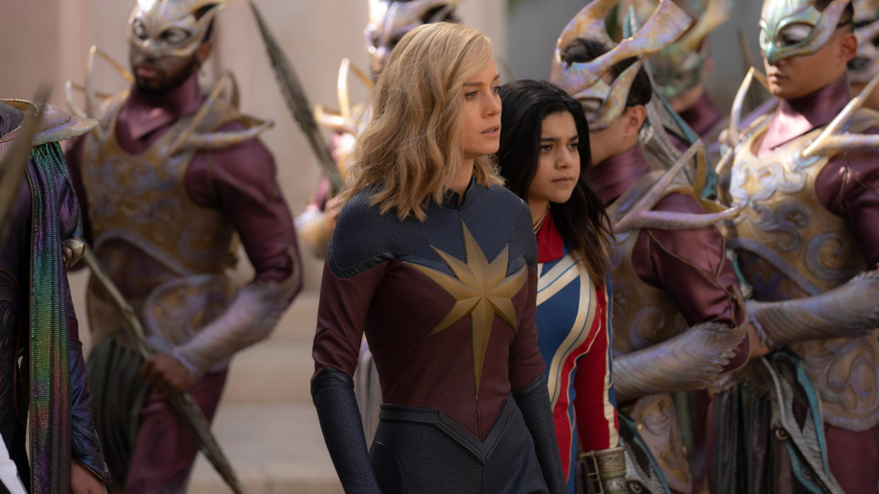  Brie Larson as Captain Marvel/Carol Danvers and Iman Vellani as Ms. Marvel/Kamala Khan in The Marvels. 