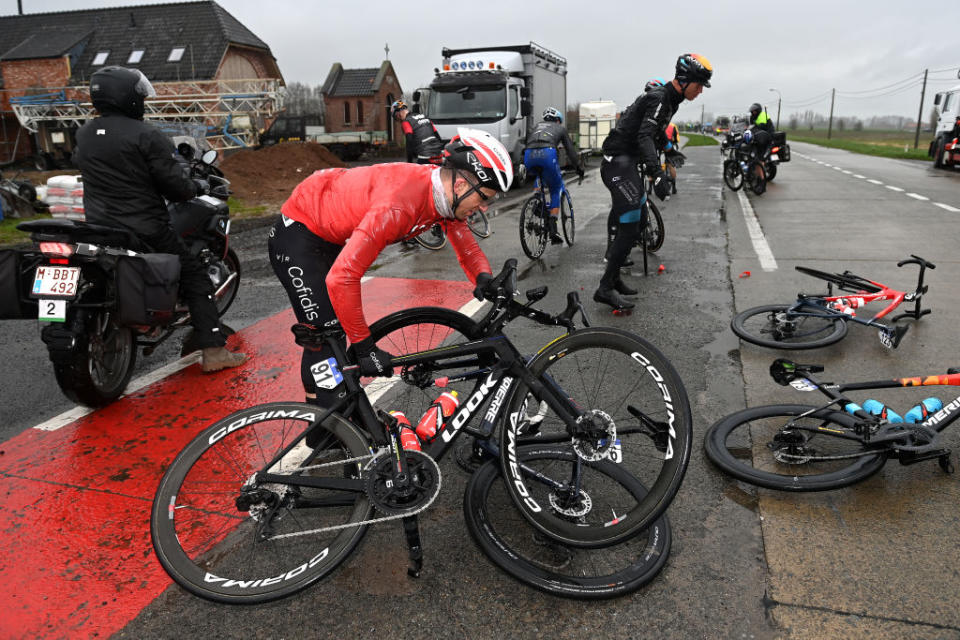 WEVELGEM BELGIUM  MARCH 26 Piet Allegaert of Belgium and Team Cofidis after being involved in a crash during the 85th GentWevelgem in Flanders Fields 2023 Mens Elite a 2609km one day race from Ypres to Wevelgem  UCIWT  on March 26 2023 in Wevelgem Belgium Photo by Tim de WaeleGetty Images