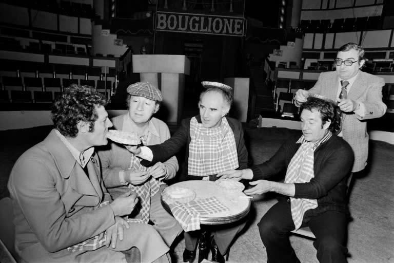 From left Italian actor Marcello Mastroianni, French actors Philippe Noiret and Michel Piccoli, Italian actor Ugo Tognazzi and French director Claude Chabrol in rehearsal at the Cirque d'Hiver (Winter Circus) in Paris, April 27, 1973