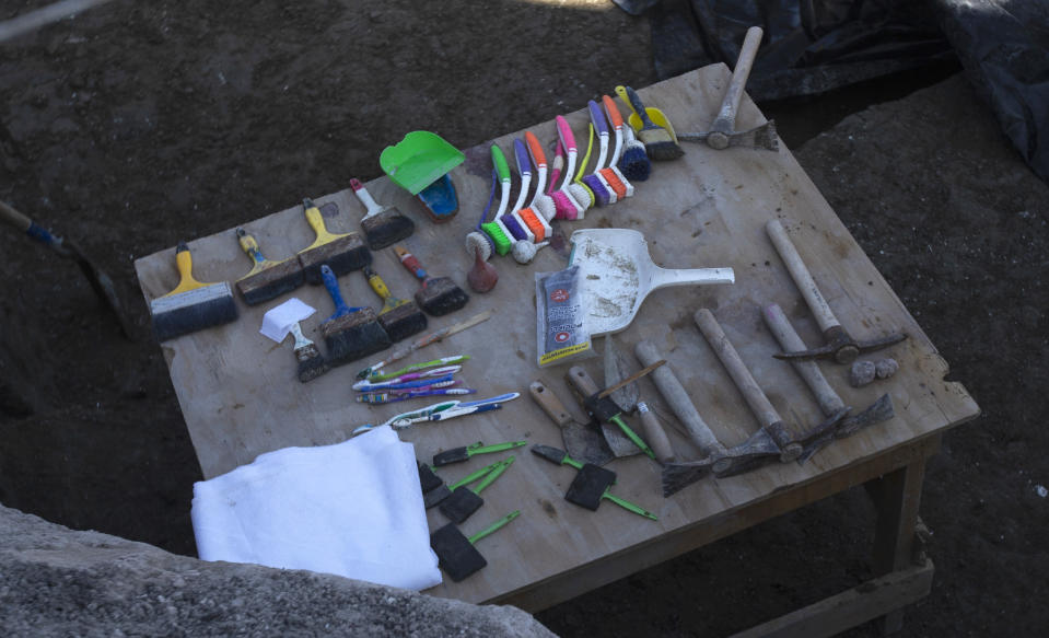 Paleontologists' tools sit on a table as they work to preserve the skeleton of a mammoth that was discovered at the construction site of Mexico City’s new airport in the Santa Lucia military base, Mexico, Thursday, Sept. 3, 2020. The paleontologists are busy digging up and preserving the skeletons of mammoths, camels, horses, and bison as machinery and workers are busy with the construction of the Felipe Angeles International Airport by order of President Andres Manuel Lopez Obrador. (AP Photo/Marco Ugarte)