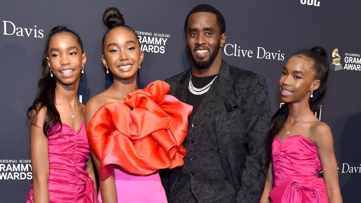 (From left) D’Lila Star Combs, Chance Combs, their father Sean Combs and sister Jessie James Combs attend the January 2020 pre-GRAMMY Gala and salute to the hip-hop mogul in Beverly Hills. (Photo by Gregg DeGuire/Getty Images for The Recording Academy)