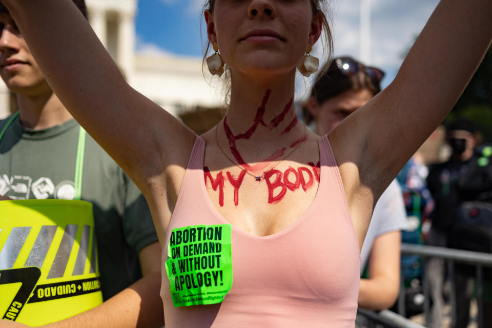 An abortion rights demonstrator protests outside the Supreme Court in Washington, on  June 24, 2022. (Hannah Beier for NBC News.)