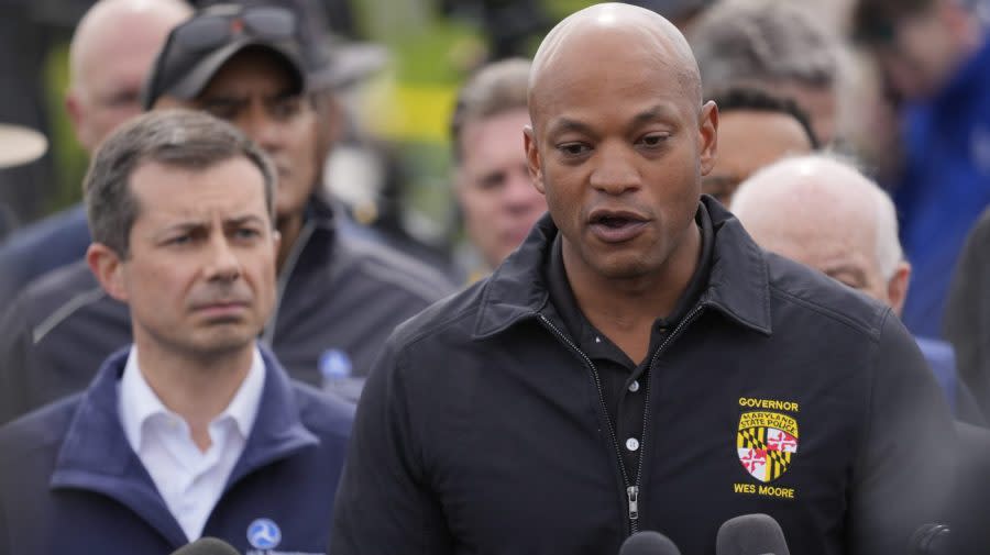 Maryland Governor Wes Moore is accompanied by Transportation Secretary Pete Buttigieg.
