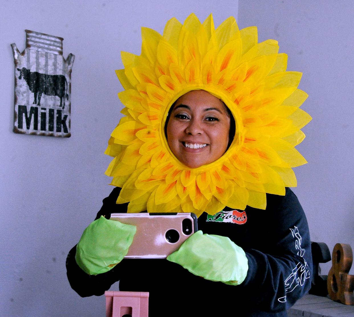 Courtney VanDyne in her sunflower costume she wore when she appeared via her cellphone on CBS TV's "Let's Make A Deal."