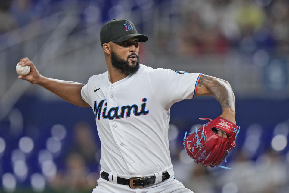 Miami Marlins' Sandy Alcantara delivers a pitch during the first inning of a baseball game against the San Diego Padres, Tuesday, May 30, 2023, in Miami. (AP Photo/Wilfredo Lee)