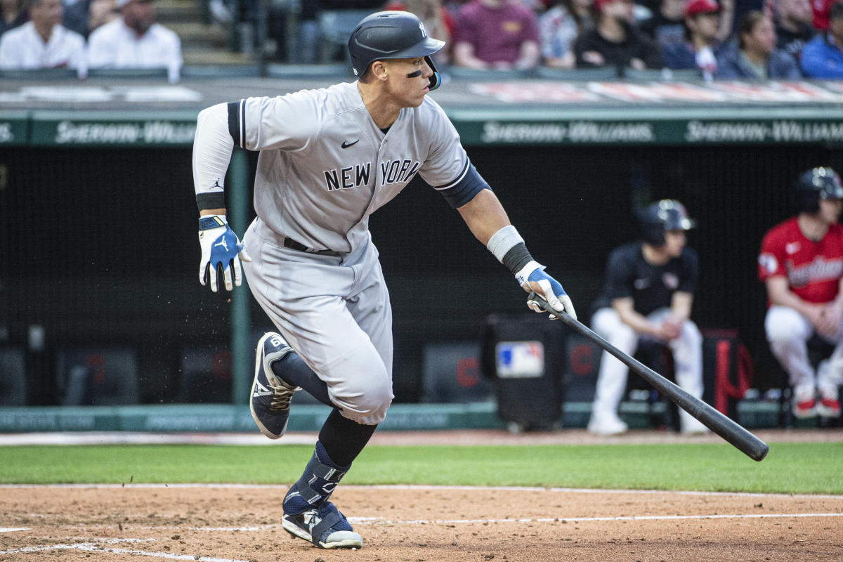 Photo taken on April 18, 2023, shows a team store at Yankee Stadium in New  York selling a T-shirt (C) featuring New York Yankees slugger Aaron Judge  and an opposing player, Shohei