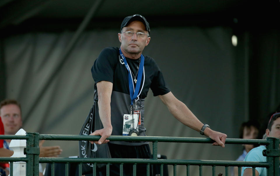 EUGENE, OR - JUNE 25:  Alberto Salazar the coach of Galen Rupp watches  the Mens 10,000 Meter during day one of the 2015 USA Outdoor Track & Field Championships at Hayward Field on June 25, 2015 in Eugene, Oregon.  (Photo by Andy Lyons/Getty Images)
