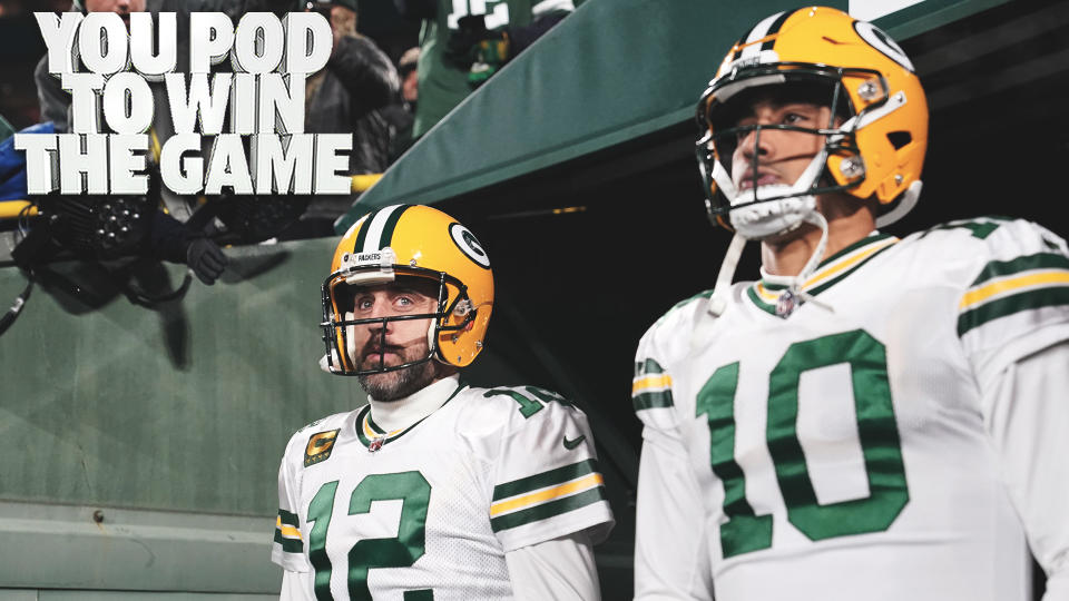 Aaron Rodgers and Jordan Love step onto the field before last week&#39;s game against the Tennessee Titans. Rodgers was injured on Sunday night against the Philadelphia Eagles and backup Love may be under center for the Packers for the foreseeable future. (Photo by Patrick McDermott/Getty Images)
