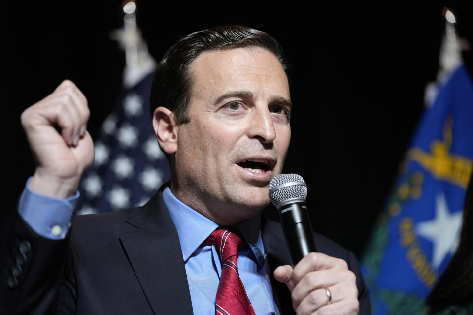 FILE - Nevada Republican Senate candidate Adam Laxalt speaks to supporters during an election night campaign event on Nov. 8, 2022, in Las Vegas. The Republican challenger to Democratic Sen. Catherine Cortez Masto in Nevada is conceding that he lost, saying that although the race was very close he won't contest the result. GOP candidate Adam Laxalt posted a tweet on Tuesday, Nov. 15, 2022, that a campaign adviser confirmed was authentic. (AP Photo/John Locher, File)