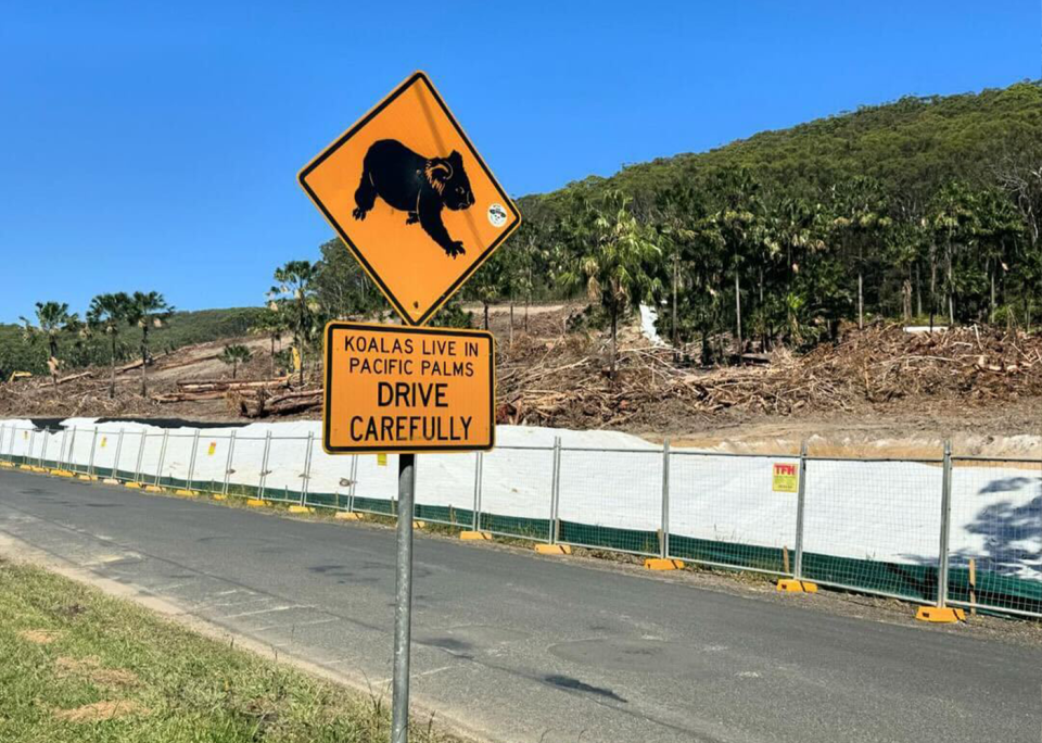 A koala road sign in the foreground and trees cleared in the background. Picture taken on Boomerang Drive, Blueys Beach. 
