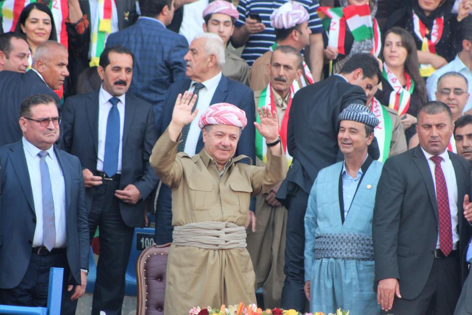 President of Iraqi Kurdish Regional Government (IKRG) Masoud Barzani, center, greets the crowd during a meeting within the referendum campaigns at a stadium in Dahuk, Iraq, on Sept. 16, 2017. (Photo: Azad Muhammed/Anadolu Agency/Getty Images)