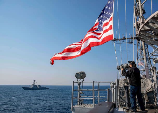 PHOTO: The Ticonderoga-class guided-missile cruiser USS Leyte Gulf sails with the Arleigh Burke-class guided-missile destroyer USS Truxtun as part of the Juniper Oak exercise with Israel in the Mediterranean Sea, Jan. 24, 2023. (U.S. Navy via AP)