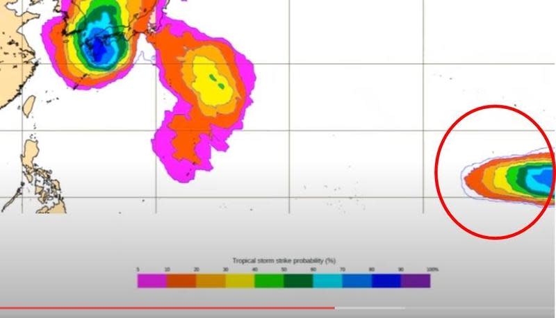 下週三、四恐又有新的颱風形成（紅圈處），賈新興公布預測路徑。（翻攝自賈新興YouTube頻道）