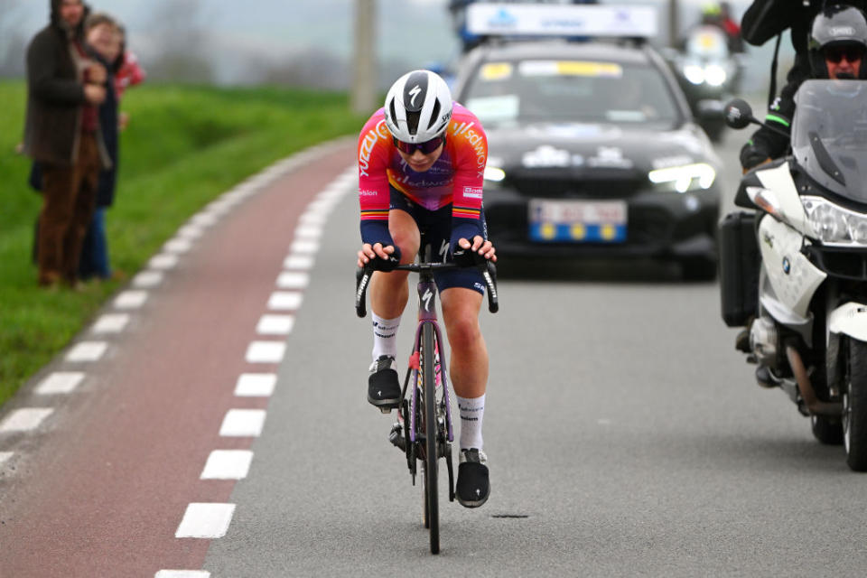 OUDENAARDE BELGIUM  APRIL 02 Lotte Kopecky of Belgium and Team SD Worx attacks in the breakaway during the 20th Ronde van Vlaanderen  Tour des Flandres 2023 Womens Elite a 1566km one day race from Oudenaarde to Oudenaarde  UCIWWT  on April 02 2023 in Oudenaarde Belgium Photo by Luc ClaessenGetty Images