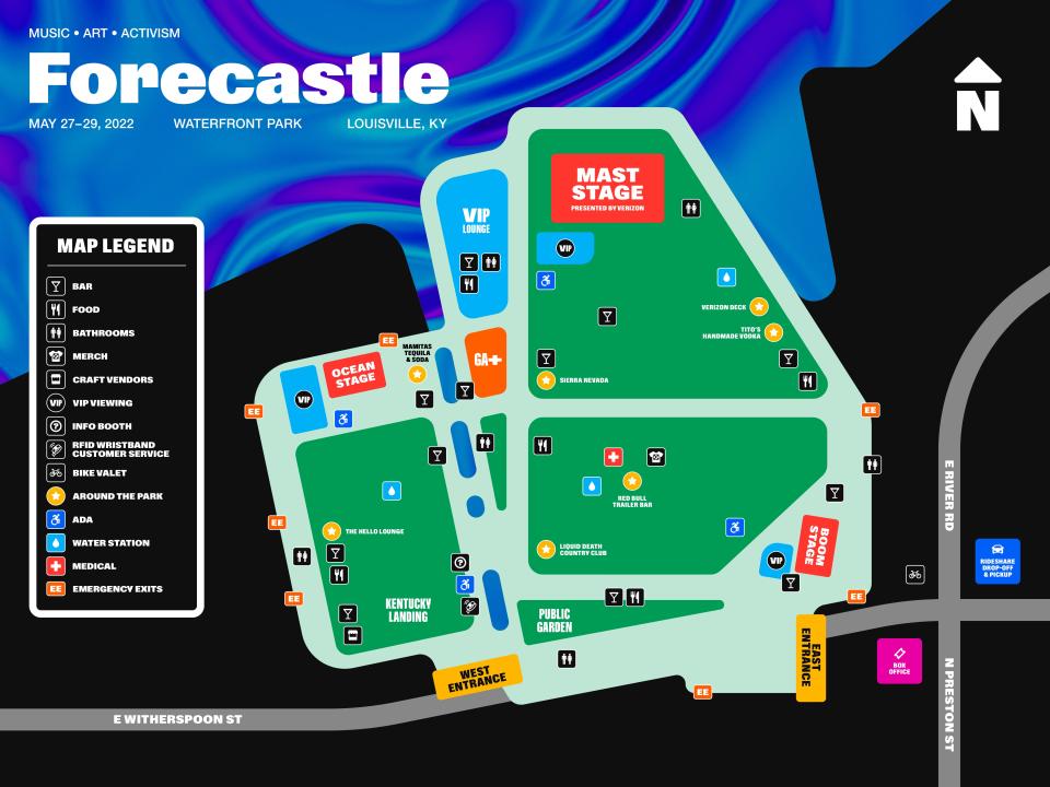Map of the 2022 Forecastle Festival grounds at Waterfront Park in downtown Louisville.
