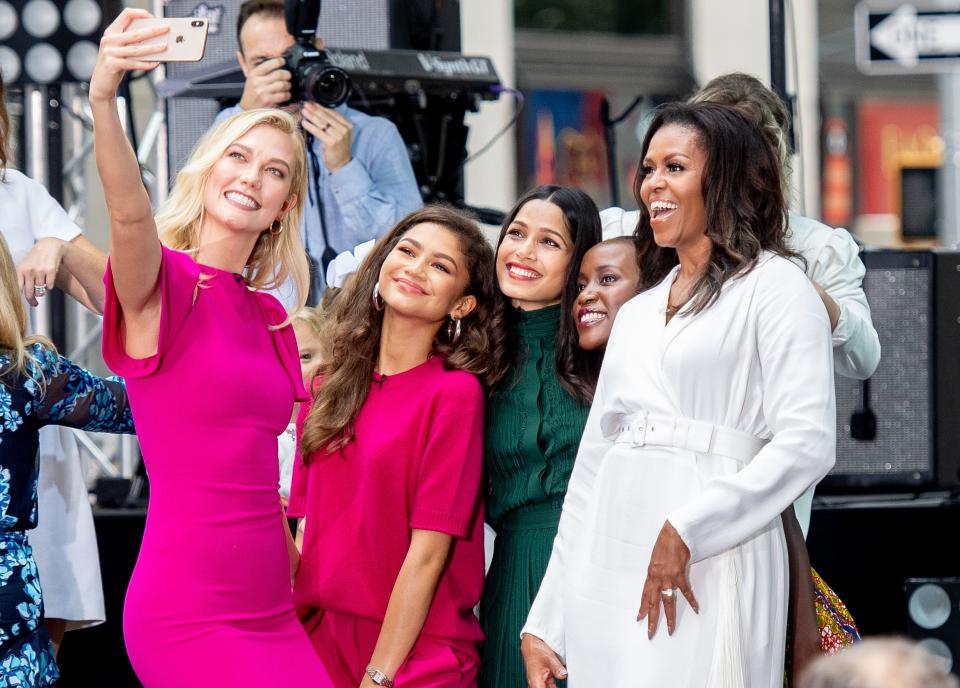 Zendaya and Michelle Obama pose for a selfie with Karlie Kloss and Freida Pinto in 2018. (Photo: Roy Rochlin via Getty Images)