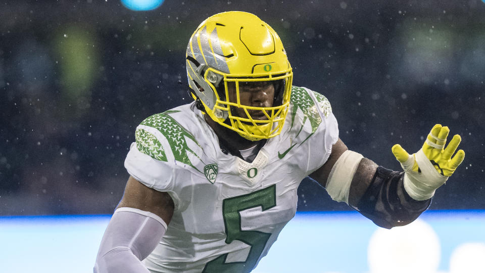 Oregon defensive end Kayvon Thibodeaux was one of five defenders selected in the first five picks of the NFL draft. (AP Photo/Stephen Brashear)