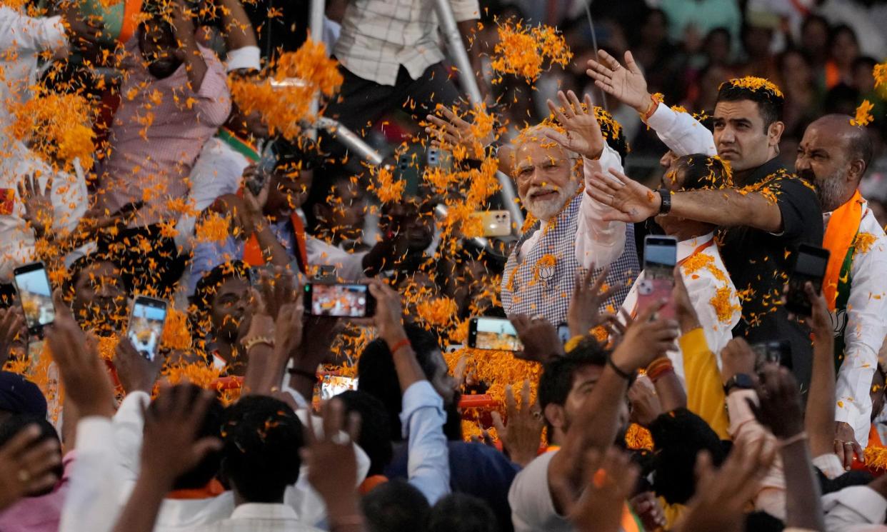 <span>India’s prime minister Narendra Modi prepares for the start of the election</span><span>Photograph: Mahesh Kumar A/AP</span>