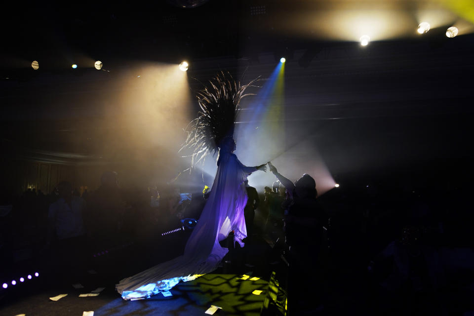 Selena D'Angelo performs in the Mahu Magic drag show at the Western Regional Native Hawaiian Convention, Tuesday, June 20, 2023, in Las Vegas. (AP Photo/John Locher)