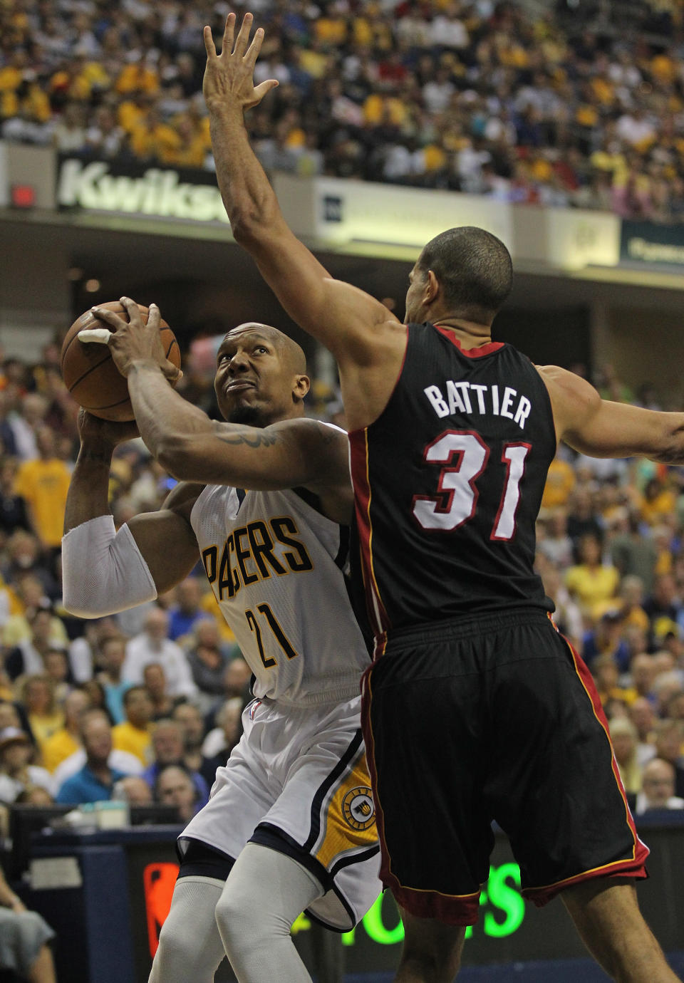 INDIANAPOLIS, IN - MAY 20: David West #21 of the Indiana Pacers tries to get off a shot against Shane Battier #31 of the Miami Heat in Game Four of the Eastern Conference Semifinals in the 2012 NBA Playoffs at Bankers Life Fieldhouse on May 20, 2012 in Indianapolis, Indiana. NOTE TO USER: User expressly acknowledges and agrees that, by downloading and/or using this photograph, User is consenting to the terms and conditions of the Getty Images License Agreement. (Photo by Jonathan Daniel/Getty Images)
