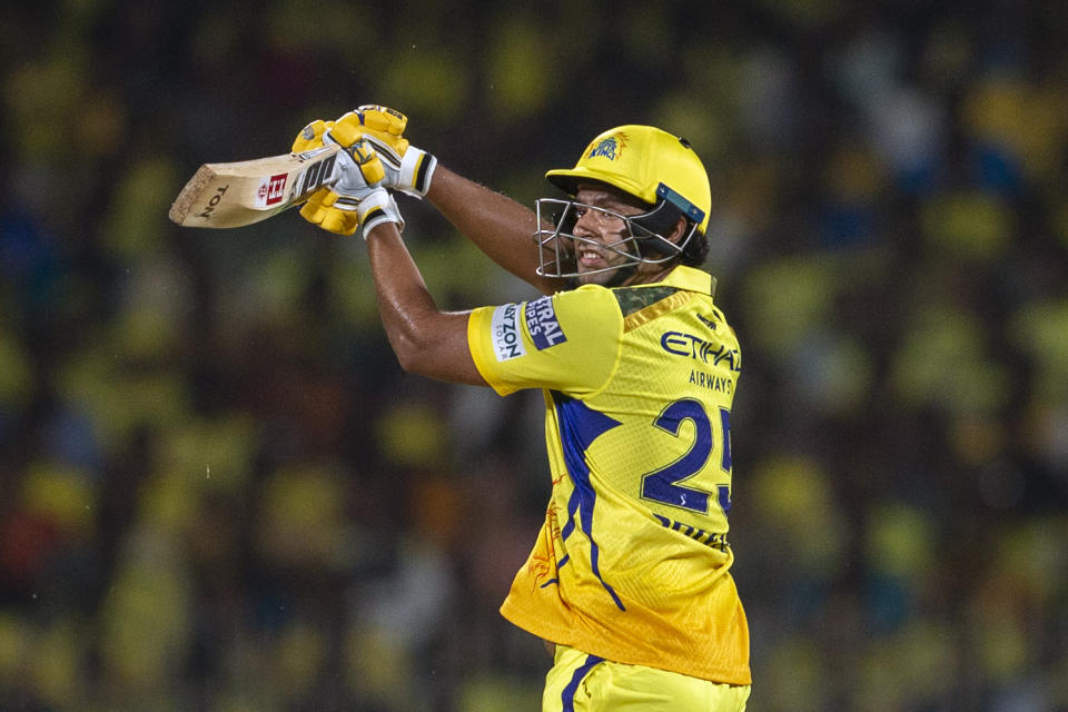 Chennai Super Kings' Shivam Dube bats during the Indian Premier League cricket tournament match between Chennai Super Kings and Royal Challengers Bengaluru in Chennai, India, Friday, March 22, 2024. (AP Photo/R. Parthibhan)