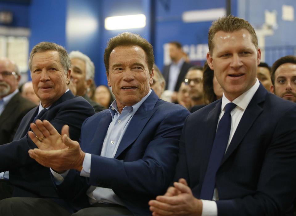 Republican centrists, from left, Ohio Governor John Kasich, former California Governor Arnold Schwarzenegger, and New Way California founder, Assemblyman Chad Mayes, attend the first New Way California Summit: AP