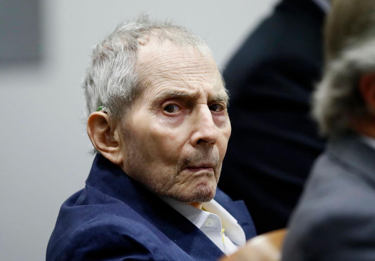 Real estate heir Robert Durst sits during his murder trial at the Airport Branch Courthouse in Los Angeles on Wednesday, March 4, 2020. After a Hollywood film about him, an HBO documentary full of seemingly damning statements, and decades of suspicion, Durst is now on trial for murder. In opening statements Wednesday, prosecutors will argue Durst killed his close friend Susan Berman before New York police could interview her about the 1982 disappearance of Durst's wife. (Etienne Laurent/EPA via AP, Pool)