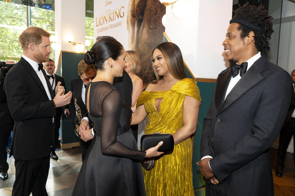 Meghan and Harry greet Beyonc&eacute; and Jay-Z as they attend the European premiere of Disney's "The Lion King" in London on July 14, 2019. (Photo: WPA Pool via Getty Images)