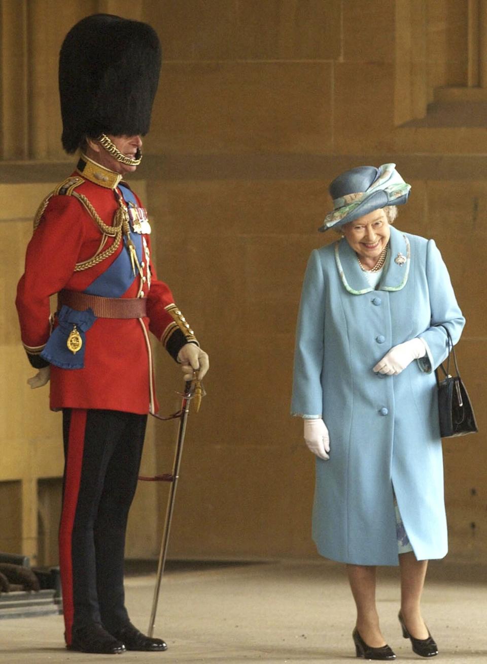 Queen Elizabeth II and Prince Philip prior to The Queen's Company Grenadier Guards ceremonial review