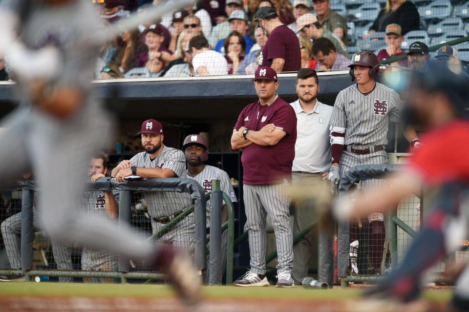 Mississippi State head baseball coach Chris Lemonis watches play against Ole Miss during the Governor’s Cup at Trustmark Park in Pearl, Miss., Tuesday, April 25, 2023.<br>Tcl Ole Miss Vs Msu