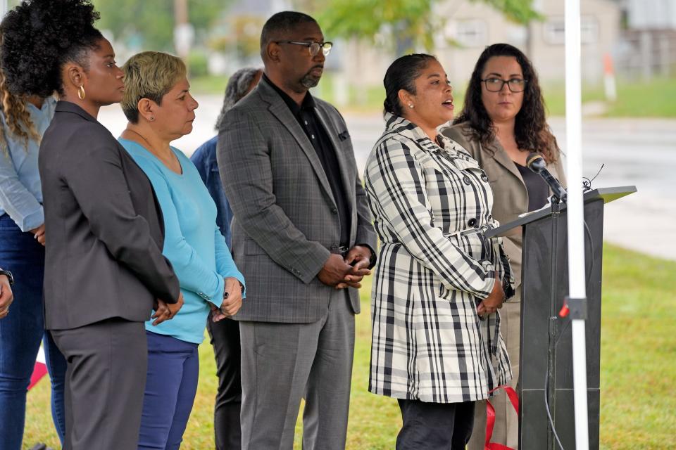 Columbus City school board President Jennifer Adair is backed by other board members and parents during a press conference Sept. 12, 2023 outside Hamilton Stem Academy urging support for the district's 7.7-mill levy request on the Nov. 7 general election ballot.