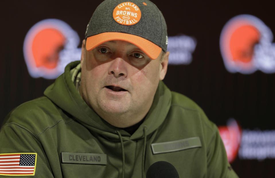 Cleveland Browns head coach Freddie Kitchens speaks at a news conference at the NFL football team's training camp facility, Monday, Nov. 18, 2019, in Berea, Ohio. Browns star defensive end Myles Garrett has not yet scheduled the appeal for his indefinite NFL suspension for striking Pittsburgh quarterback Mason Rudolph with a helmet.(AP Photo/Tony Dejak)
