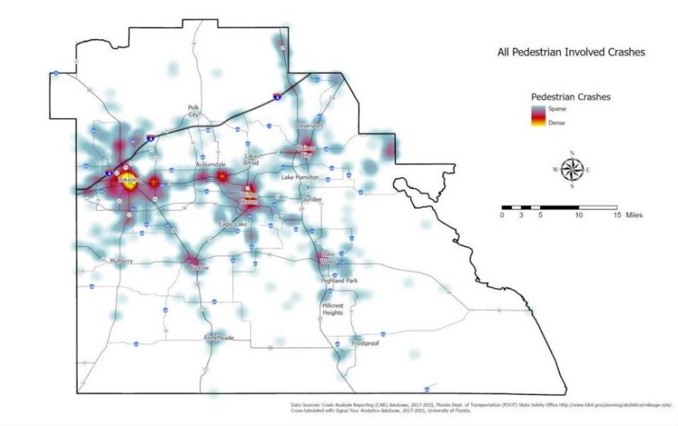 This visual map from Polk Transportation Planning Organization shows where pedestrian involved crashes have occured across Polk County from 2017 to 2021. Lakeland's Transportation Planner Chuck Barmby called downtown Lakeland a "bullseye."