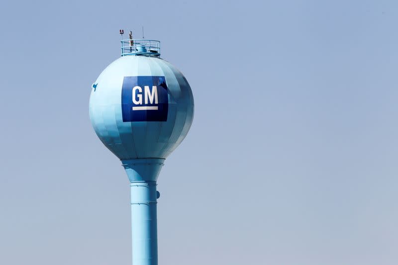 The GM logo is seen on a water tank of the General Motors assembly plant in Ramos Arizpe