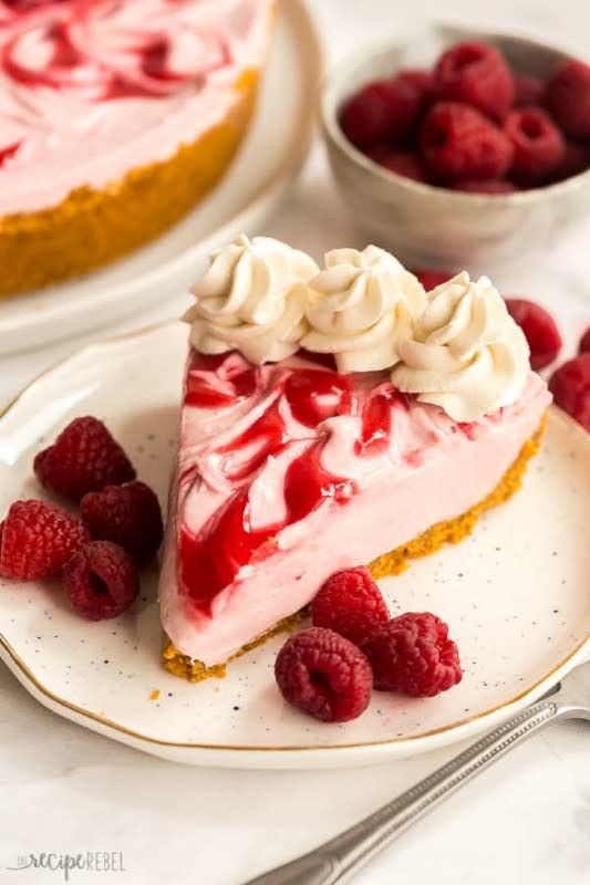 <p>This No-Bake Raspberry Cheesecake is made with just SIX ingredients and is perfect for summer!</p><p><strong>Get the recipe: </strong><a href="https://www.thereciperebel.com/no-bake-raspberry-cheesecake/" rel="nofollow noopener" target="_blank" data-ylk="slk:No-Bake Raspberry Cheesecake;elm:context_link;itc:0;sec:content-canvas" class="link "><strong>No-Bake Raspberry Cheesecake</strong></a></p>