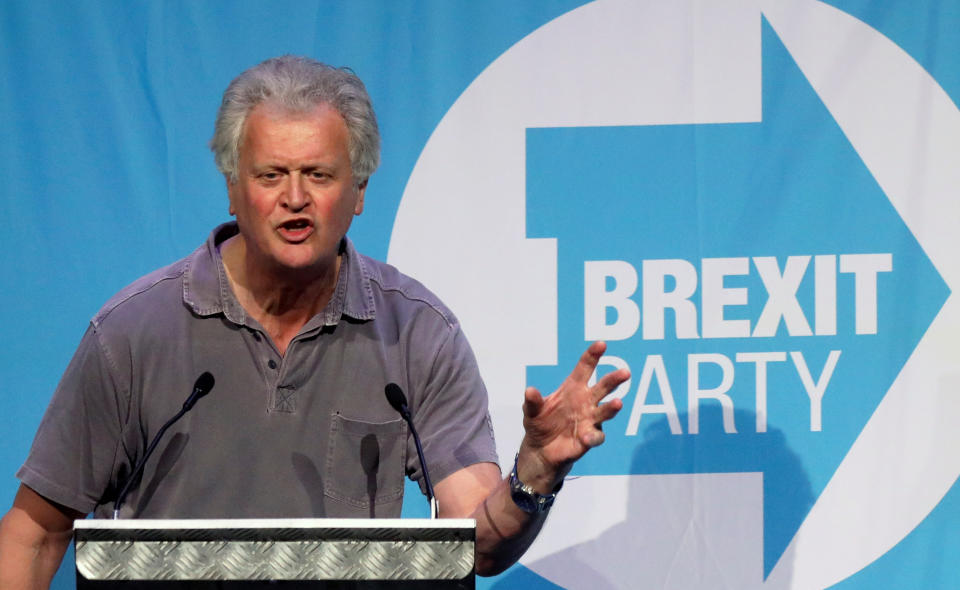 Wetherspoon chairman Tim Martin speaks during a rally of the Brexit Party in Peterborough, Britain May 7, 2019. REUTERS/Simon Dawson