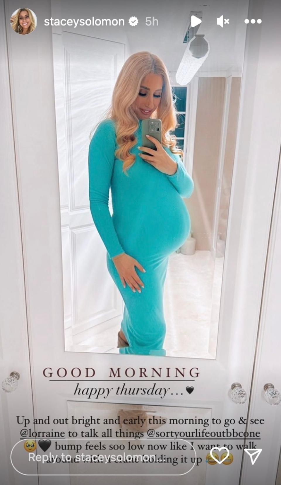 Solomon posted a photo of her baby bump in a bright blue dress before Lorraine (Stacey Solomon/Instagram)