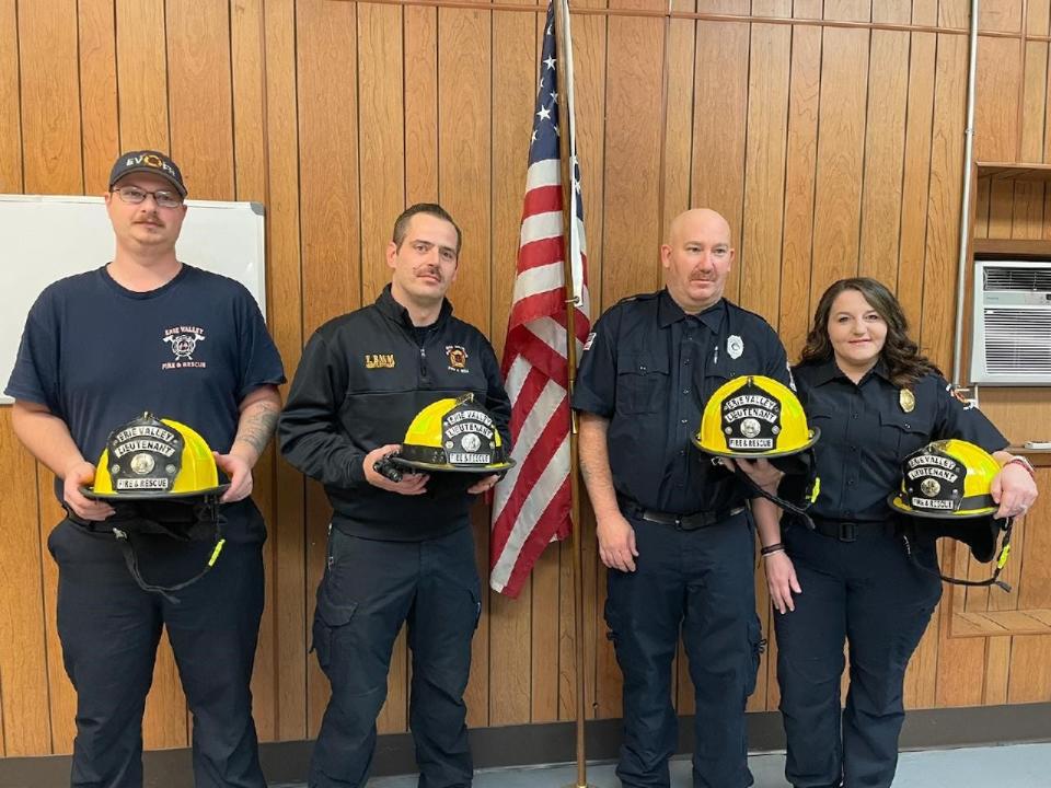 Erie Valley Fire & Rescue members Austin King, Tom Baum, Ben Miller and Kayla Bailey have been promoted to lieutenant for the agency that handles emergencies in Bethlehem Township and Navarre.
