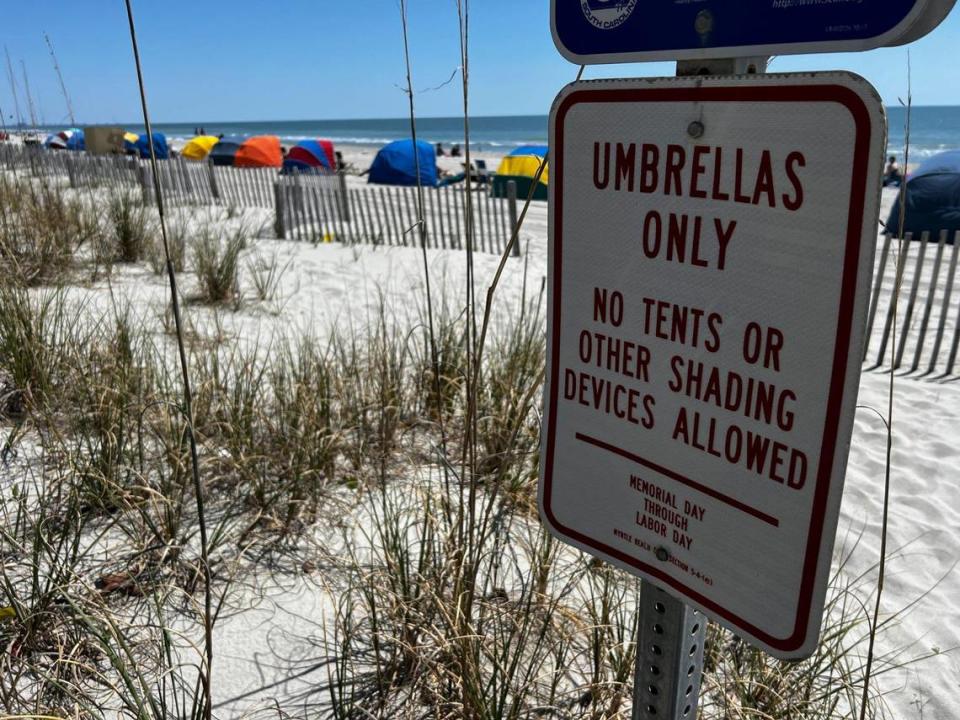 Colorful beach cabanas are rented along sections of the Myrtle Beach shoreline. April 8, 2024.