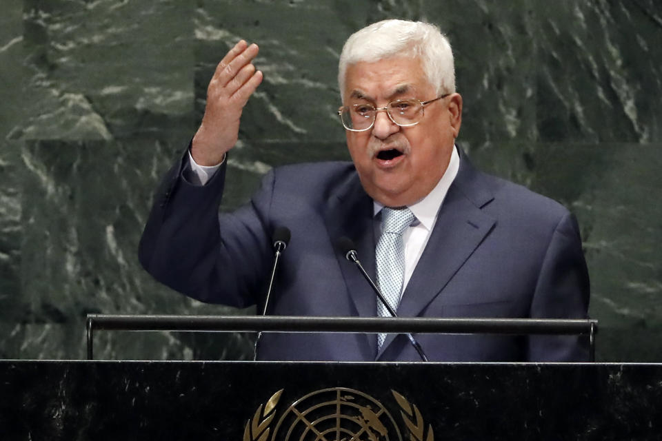 Palestinian President Mahmoud Abbas addresses the 73rd session of the United Nations General Assembly, at U.N. headquarters, Thursday, Sept. 27, 2018. (AP Photo/Richard Drew)