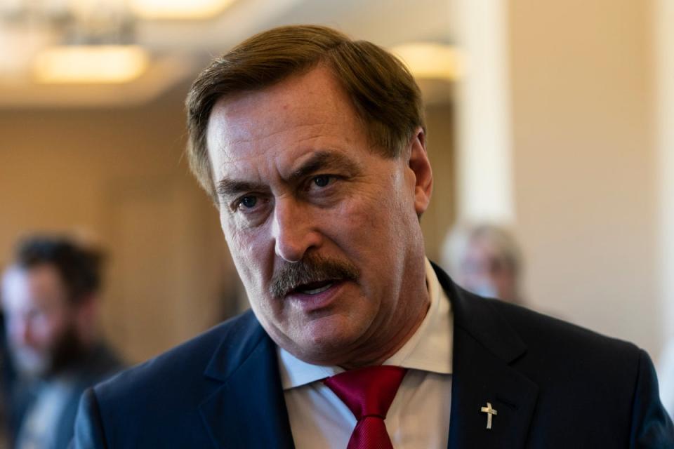 Mike Lindell talks to reporters at the Republican National Committee winter meeting (AP)