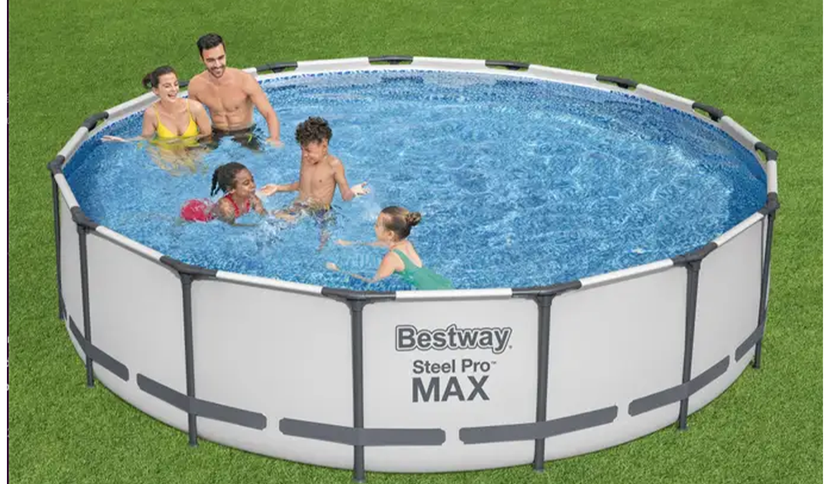 Five people in an aboveground Bestway Steel Pro Max pool