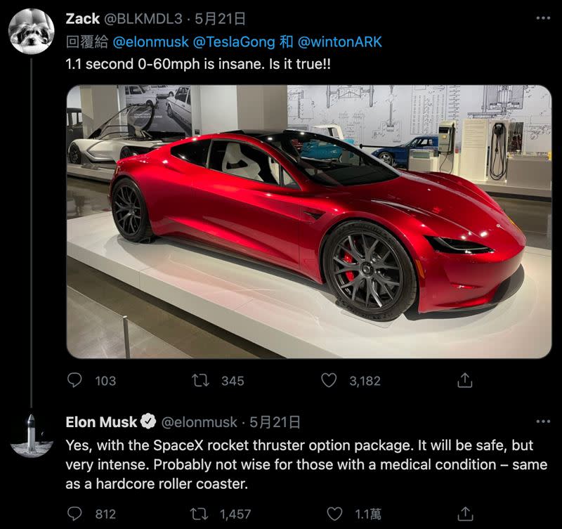 Elon Musk證實特斯拉Roadster將提供SpaceX套件。（圖／翻攝自Elon Musk推特）