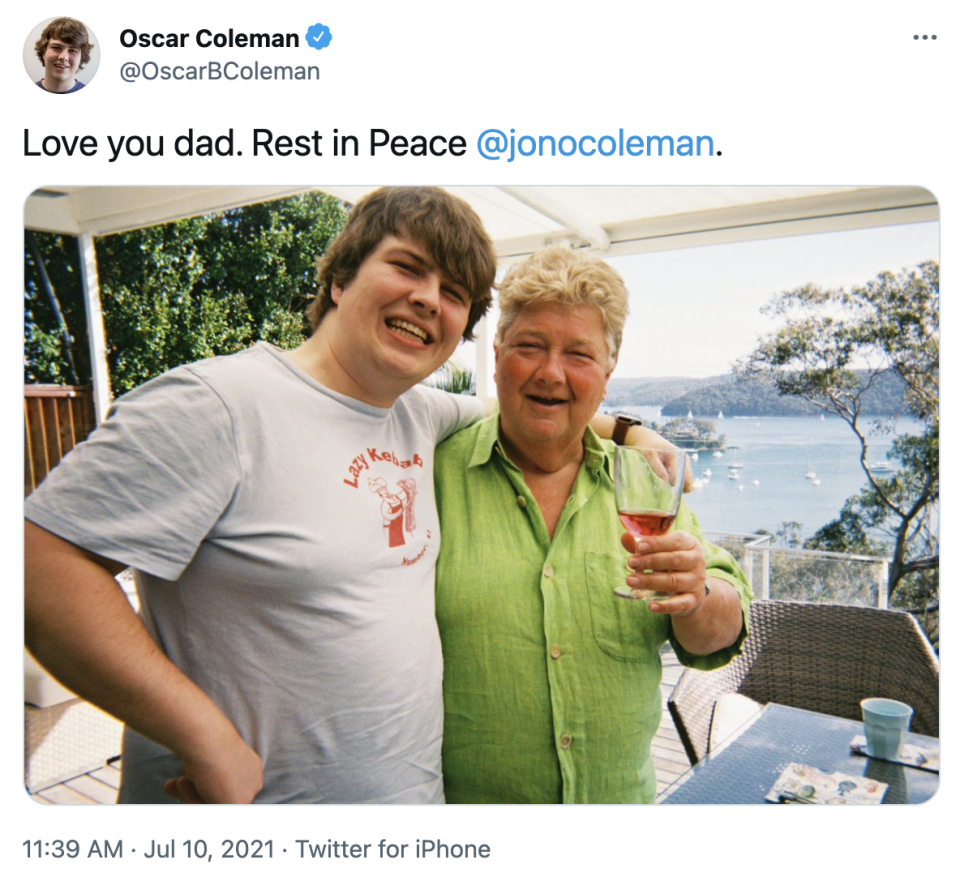 Studio 10 star Jono Coleman's son, Oscar, announces his death on Twitter